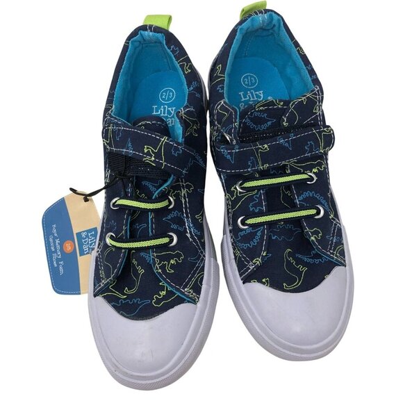 Lily & Dan Boys Dinosaur Memory Foam Canvas Shoes Size 2/3 Navy Blue Green - Picture 2 of 8